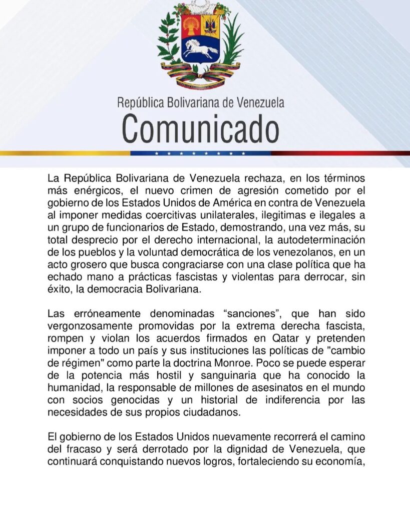 Cancilleria de Venezuela rechaza sanciones de EEUU contra funcionarios venezolanos 