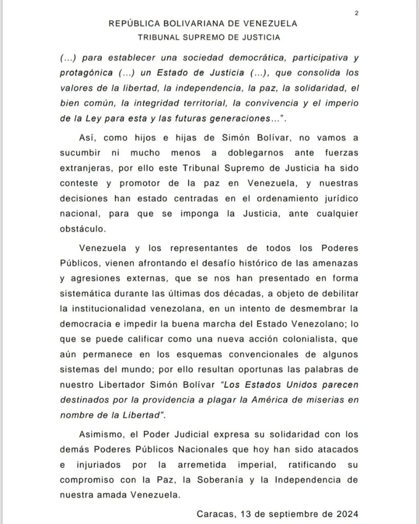 Comunicado del Tribunal Supremo de Justicia