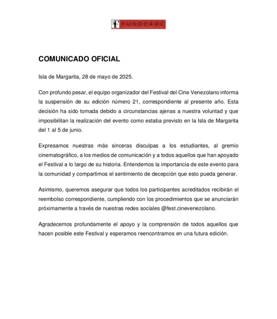 Este jueves 29 de mayo la organización de la cita cinematográfica más importante del país anuncio la suspensión del evento más esperado en el país, la cual tenía cita en su edición número 21 en Margarita entre el 1 y 5 de junio.