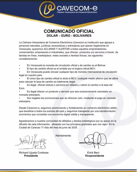 Cavecom-e advierte la ilegalidad de ventas solo en divisas