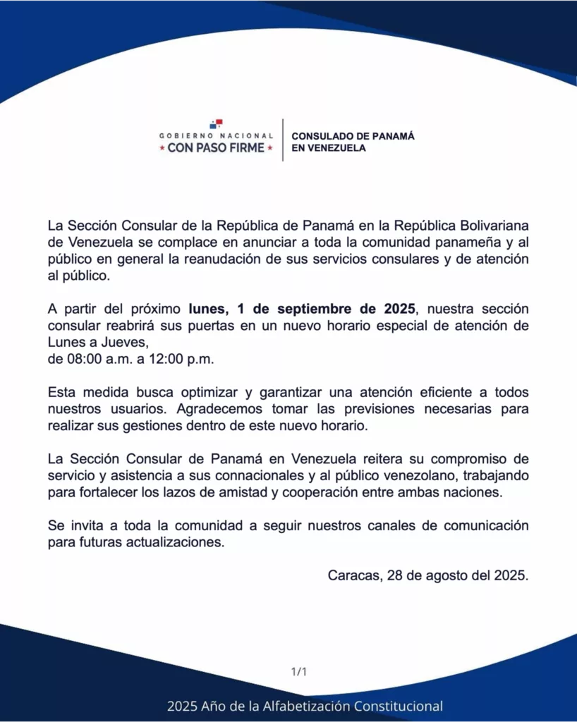 Consulado de Panamá en Venezuela anuncia la reanudación de sus servicios.