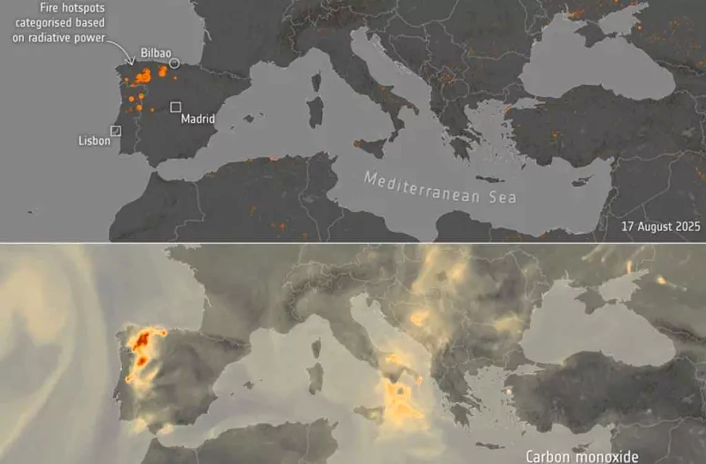 Los satélites muestran la magnitud de los incendios forestales en la Península Ibérica