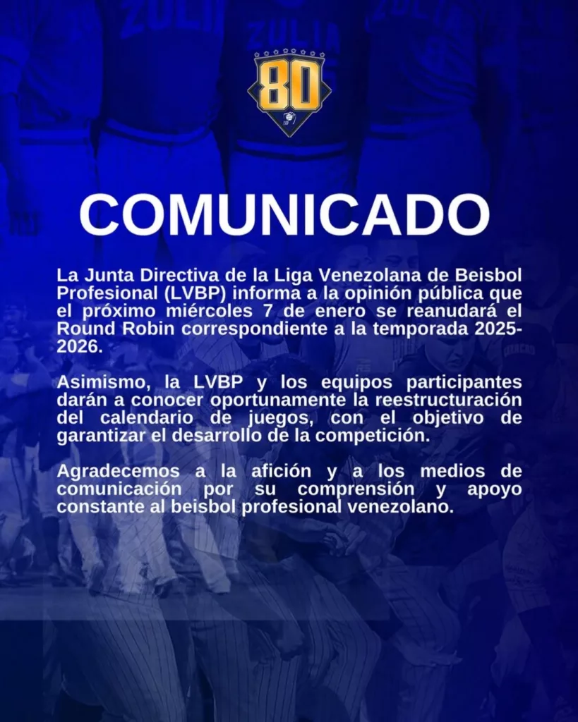LVBP informó que el Round Robin se reanudará el miércoles 7 de enero