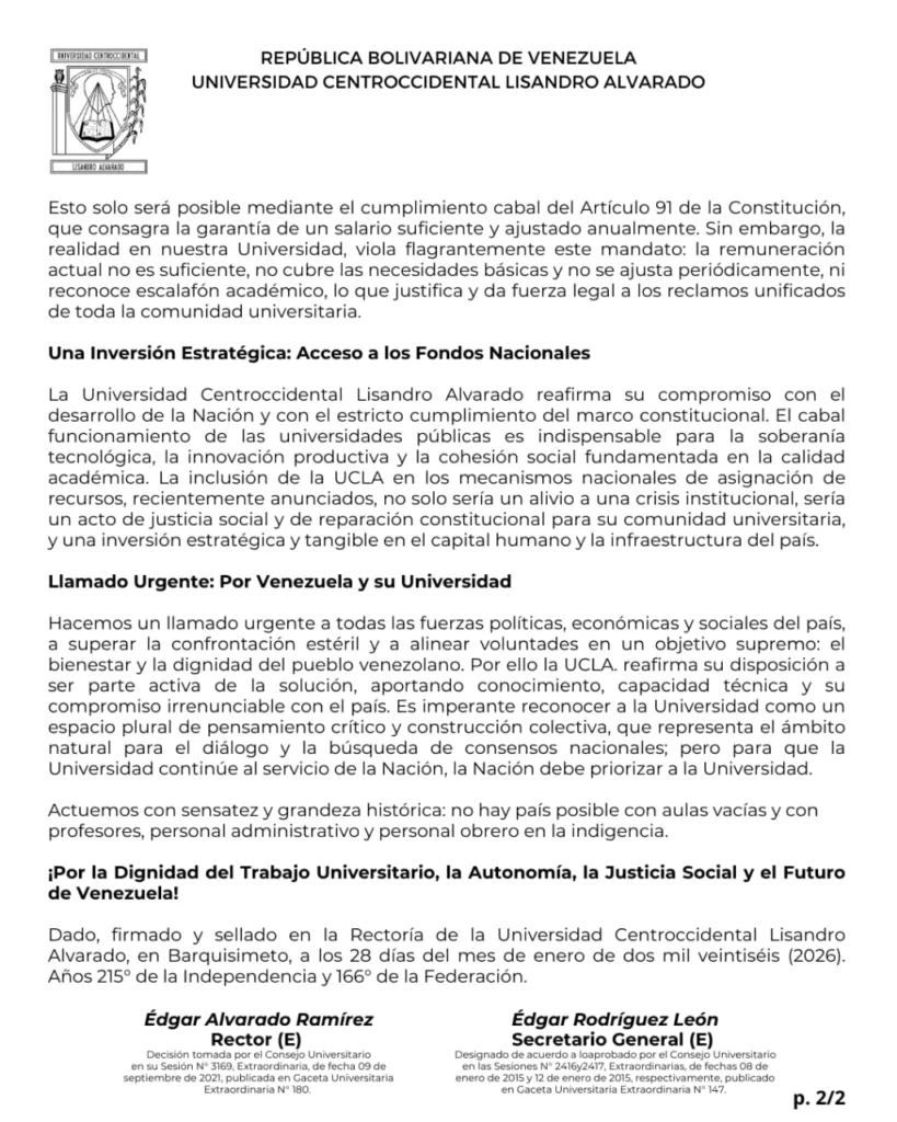 UCLA hace un llamado a la unidad nacional y solicita asignación de recursos estratégicos