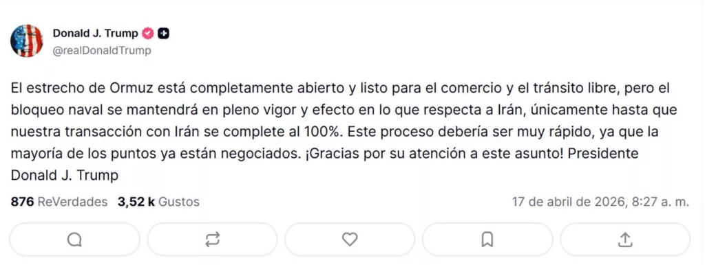 Trump mantiene el bloqueo naval a Irán pese a la reapertura del estrecho de Ormuz