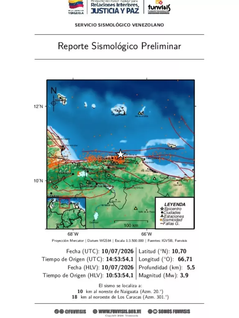 FUNVISIS Sismo sentido 10 07 2026 10 53 Mag Mw 3.9Prof 9.9 kmEpicentro 10.705 N 66.709 O