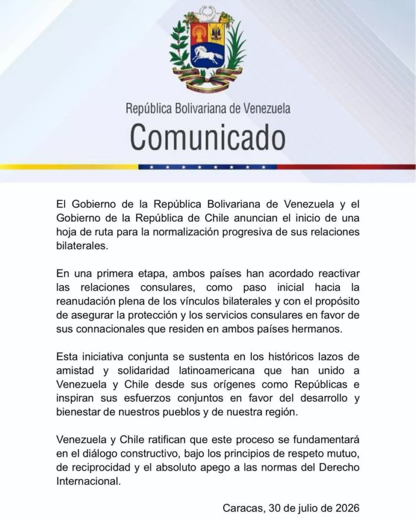 Gobiernos de Venezuela y Chile acuerdan la normalización de sus relaciones diplomáticas