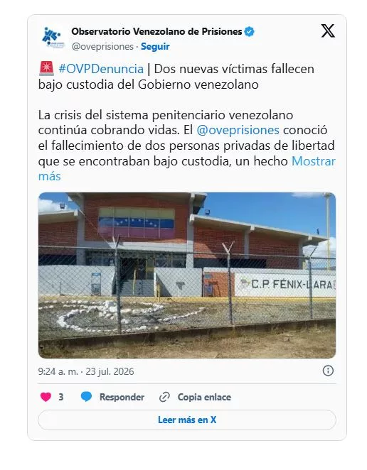 Muerte de presos en cárcel de Fénix Lara