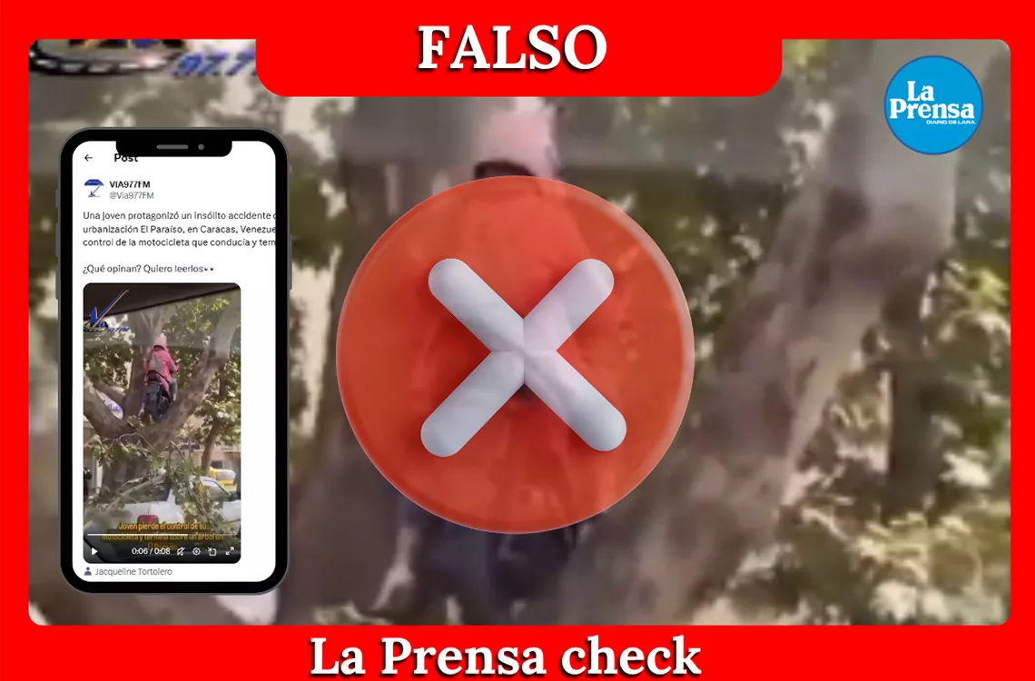 Es falso que una motorizada terminó sobre un árbol en la urbanización El Paraíso
