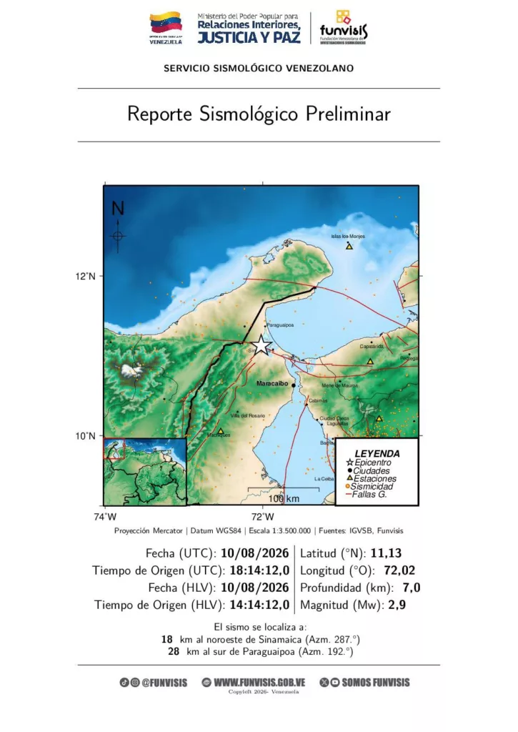 Funvisis reporta sismo de magnitud 2.9 al noroeste de Sinamaica en el estado Zulia