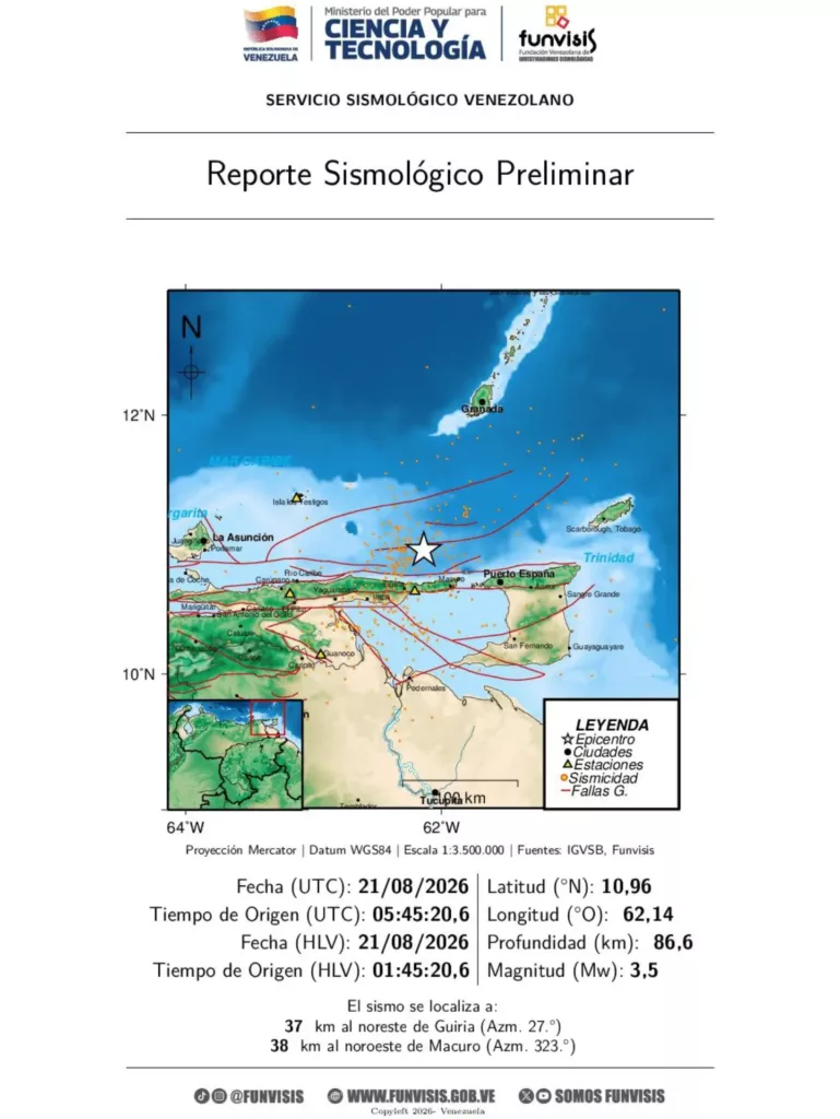 Se registró un sismo de magnitud 3.5 en el estado Sucre durante la madrugada de este viernes