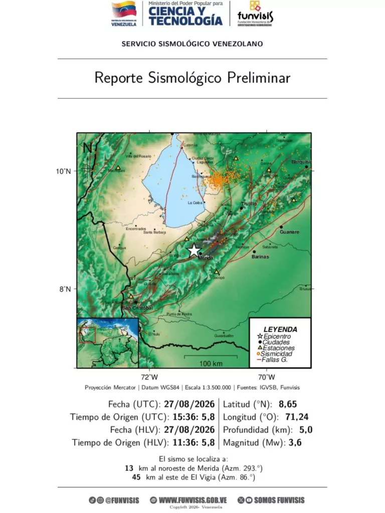 Mérida registró sismo de magnitud 3,6 este jueves 27 de agosto
