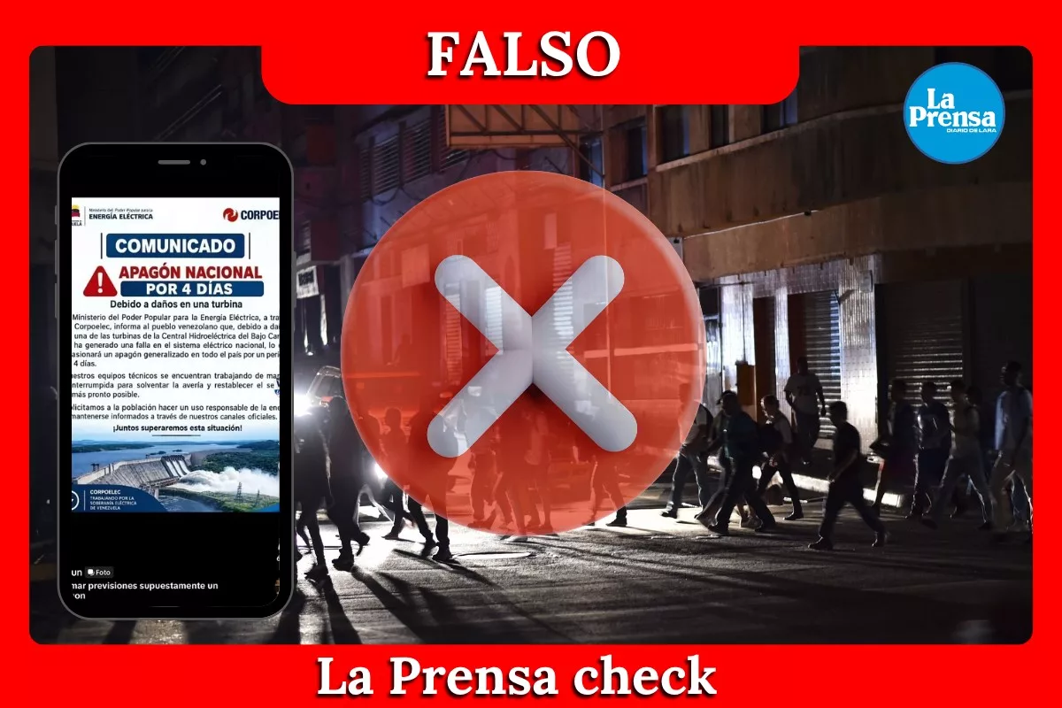 Es falso que Corpoelec haya anunciado un apagón nacional de 4 días debido al daño de una turbina en el sistema hidroeléctrico