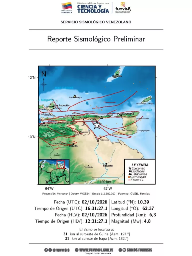 Funvisis reporta sismo de magnitud 4,8 en el estado Sucre